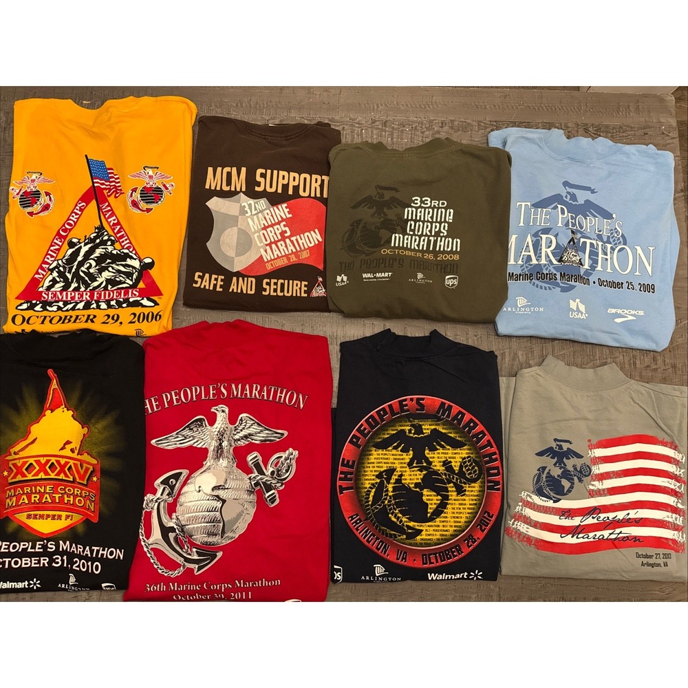 Lot of 8 Marine Corps Marathon Shirts XL‎ 2006–2013 Crew & Mock Turtleneck